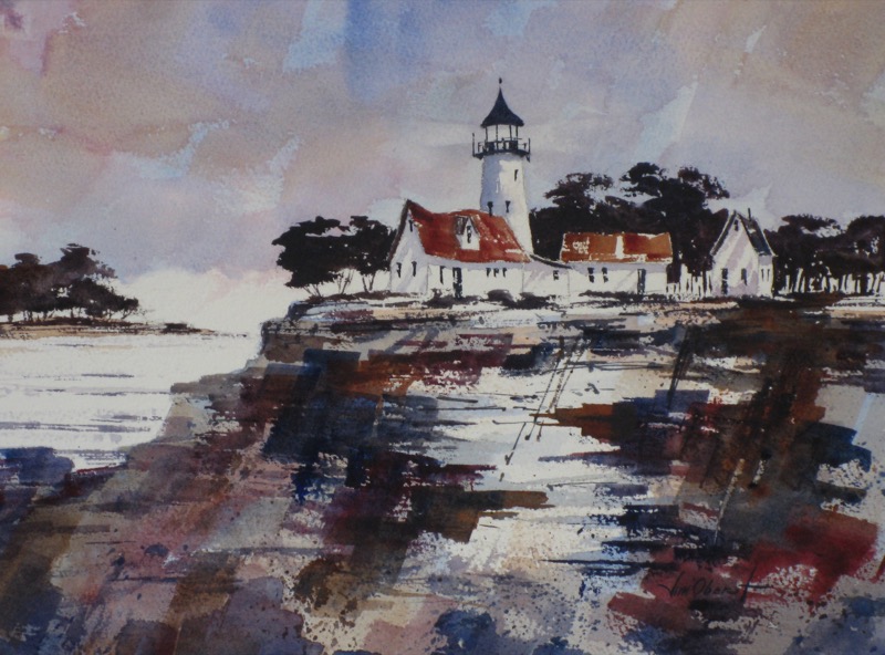 seascape, landscape, cliff, lighthouse, storm, original watercolor painting, oberst
